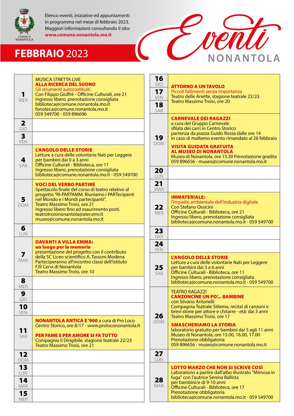 Calendario iniziative a Nonantola, Febbraio 2023