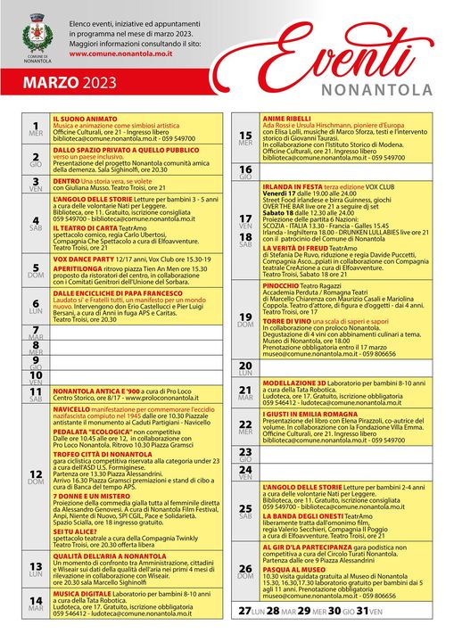 Calendario iniziative a Nonantola, Marzo 2023