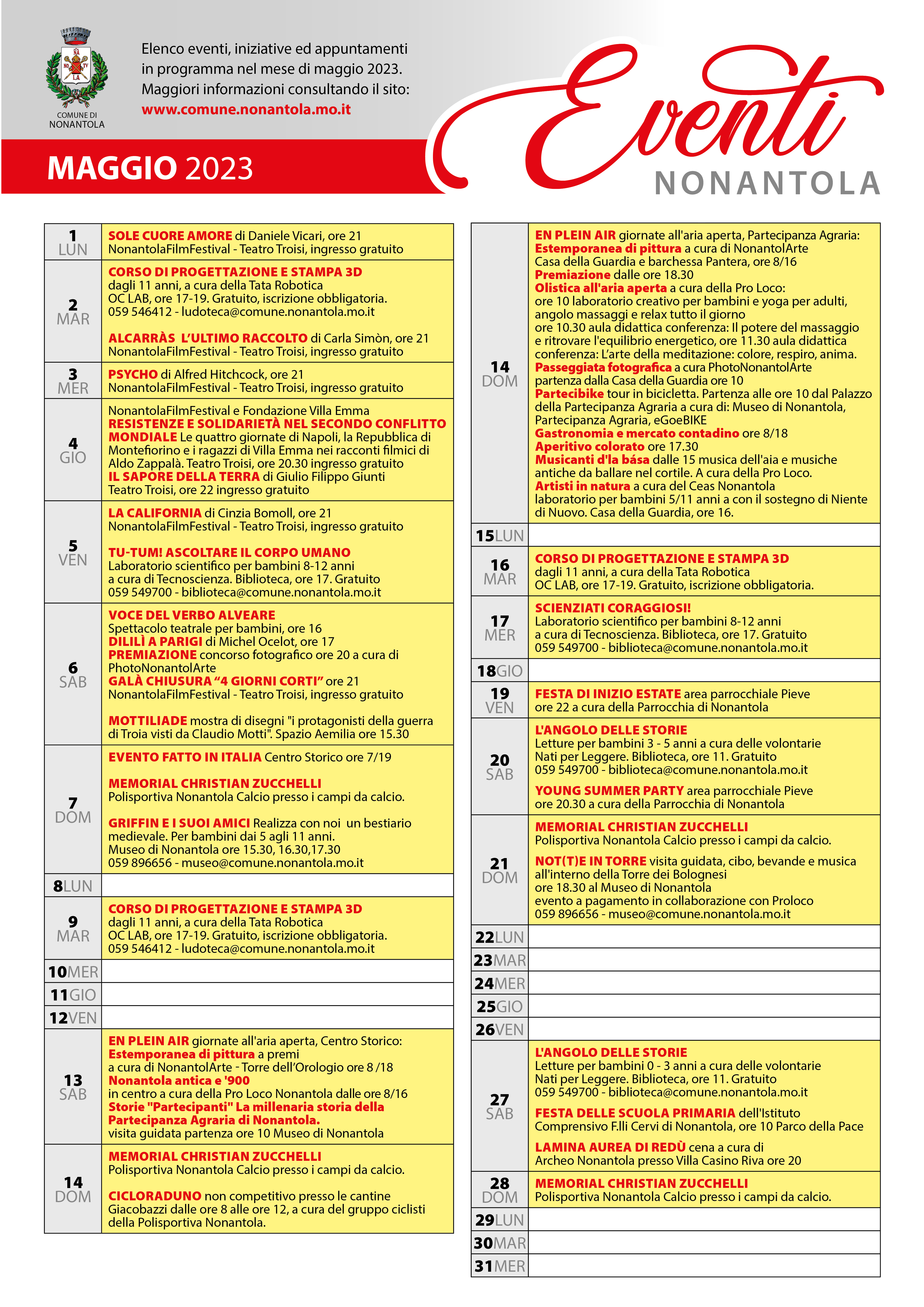 Calendario iniziative a Nonantola, Maggio 2023