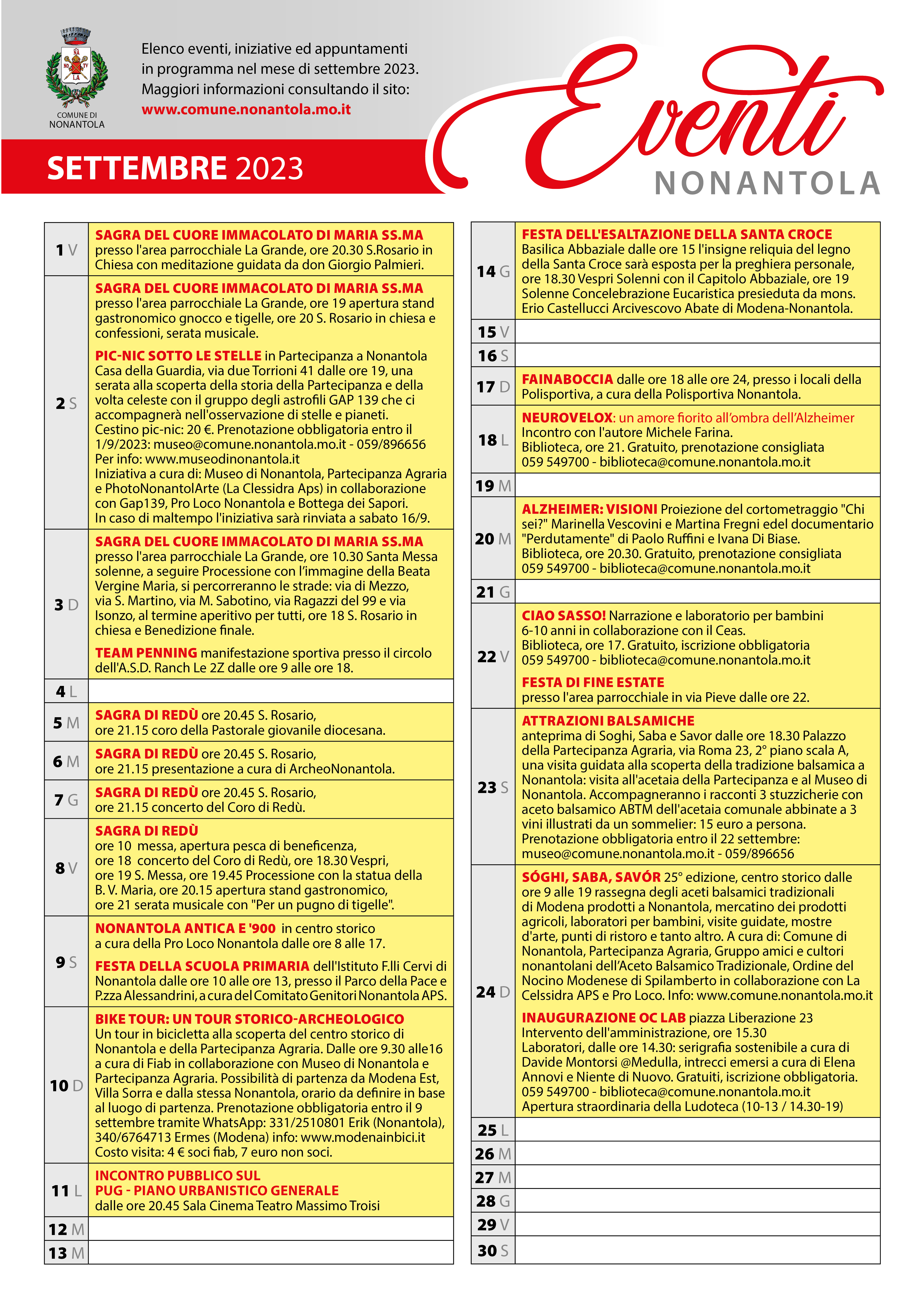 Calendario iniziative a Nonantola, Settembre 2023