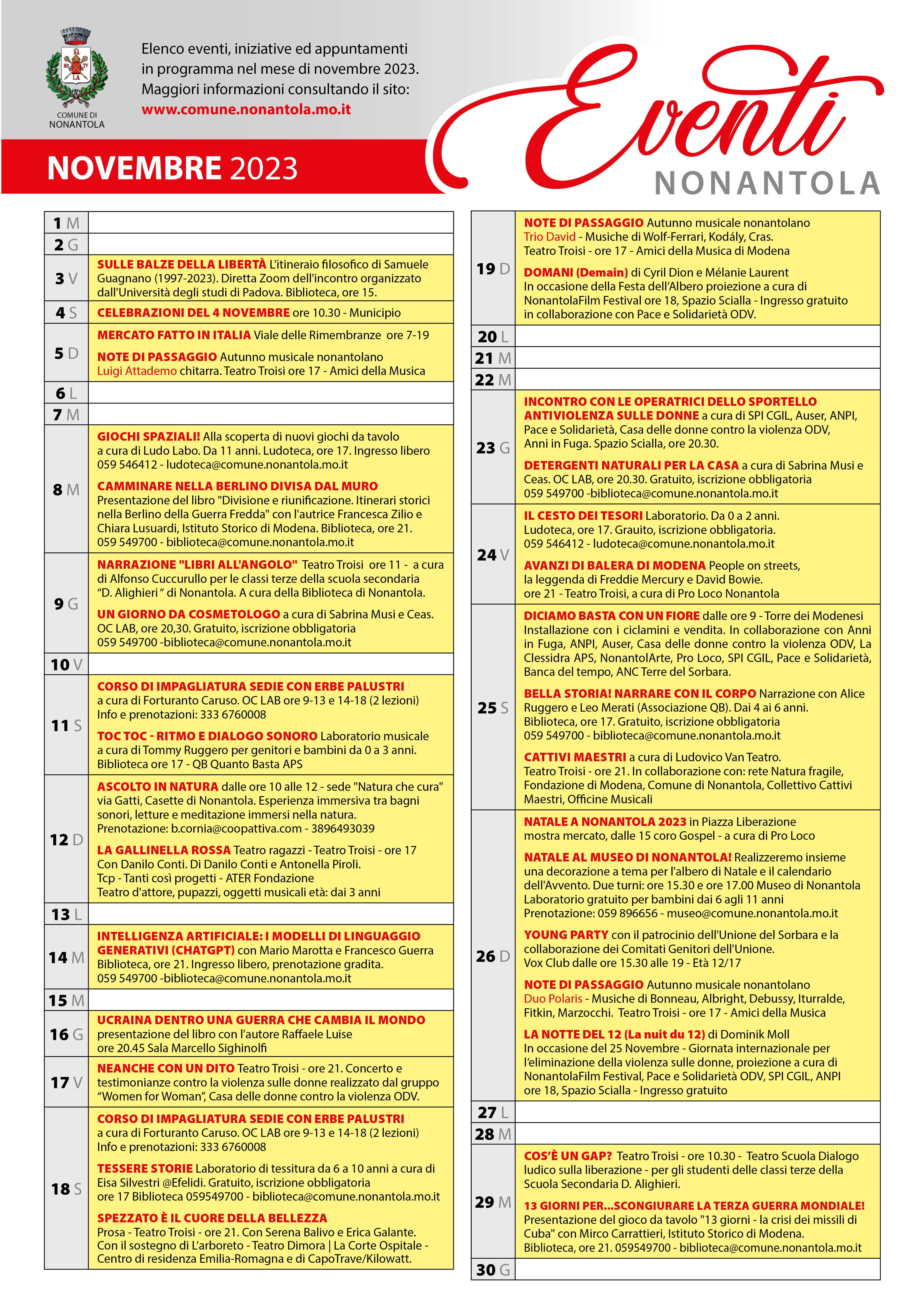 Calendario iniziative a Nonantola, Novembre 2023